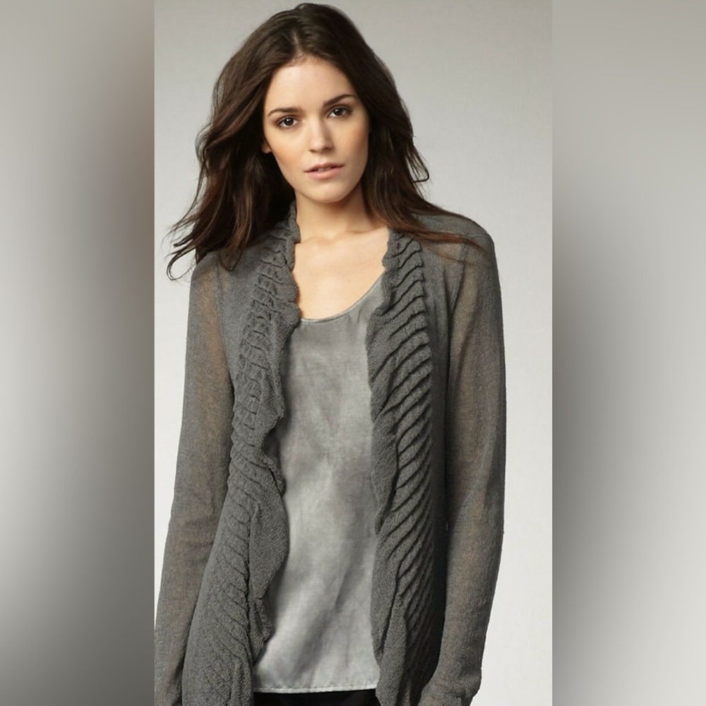 Eileen Fisher Flutter Front Rayon Linen Jersey Smoke Cardigan M Medium Grey